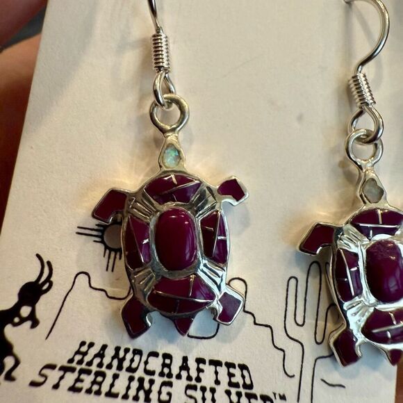 Navajo Made Mojave Purple Turquoise & Opal Turtle Sterling Silver Earrings New - Picture 4 of 5
